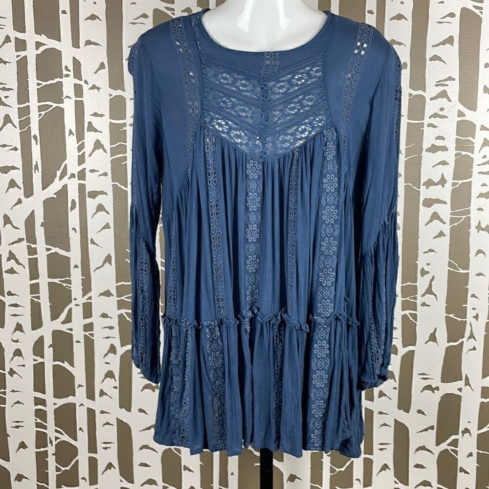 Free People Blue Gauze Eyelet Boho Top XS